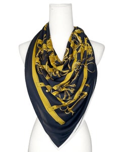 Vintage 1990's Hermes Mors & Filets Black & Gold Tack Room Print Silk Scarf