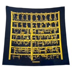 Vintage 1990's Hermes Mors & Filets Black & Gold Tack Room Print Silk Scarf