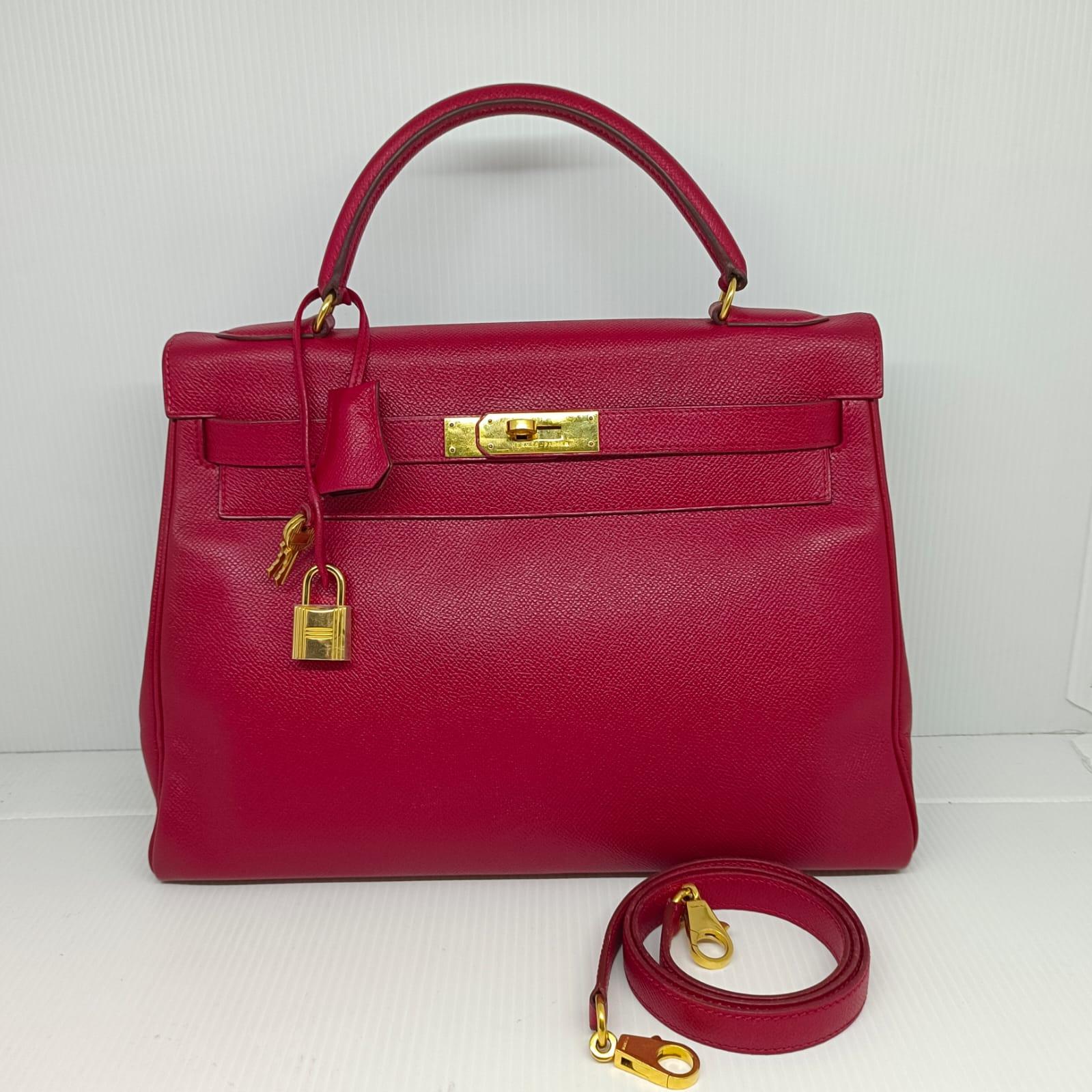 Vintage 1990 Hermes Rouge Lisse Leather Kelly 32 Bag en vente 7
