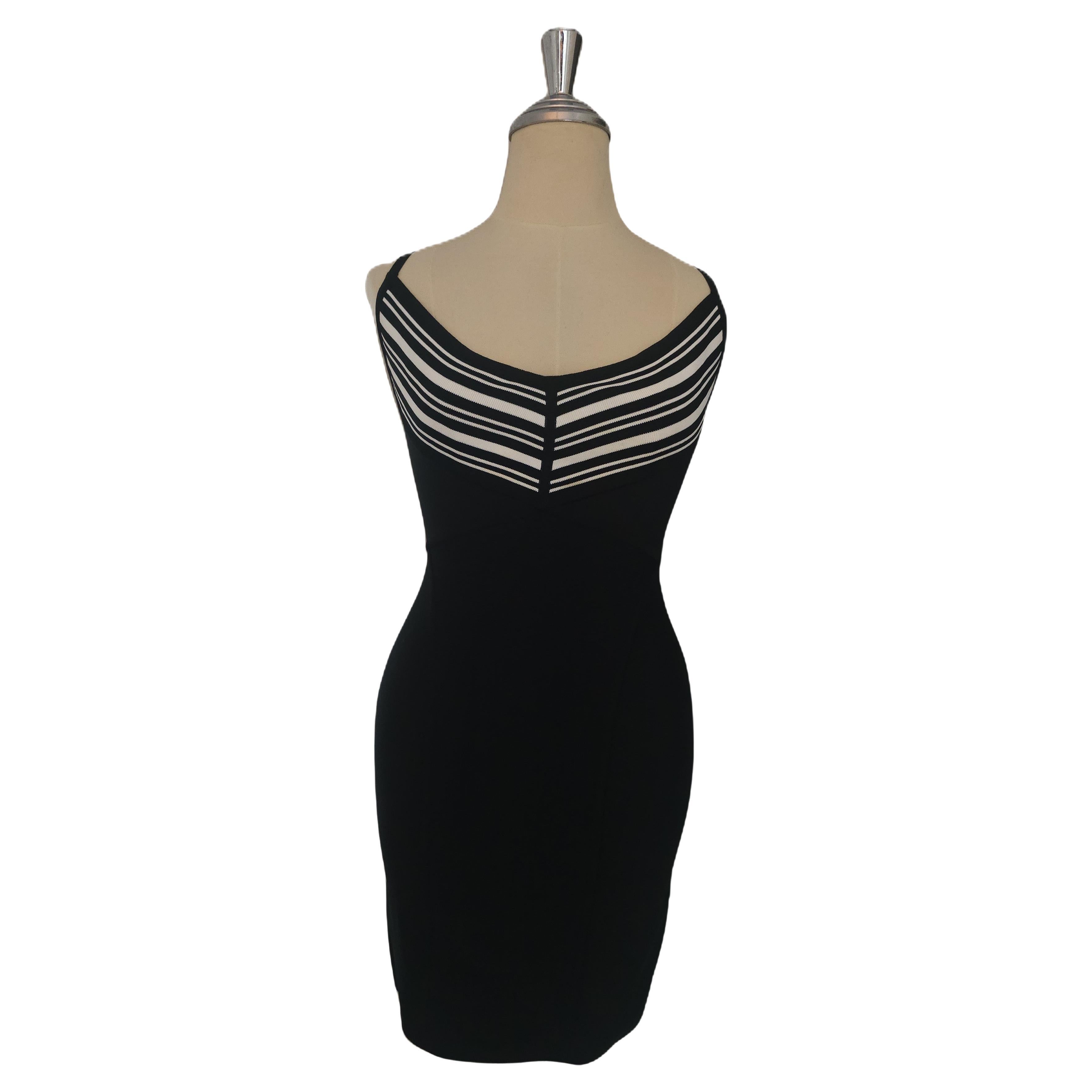 Vintage 1990er Herve Léger Schwarz-weiß gestreiftes Bandagekleid