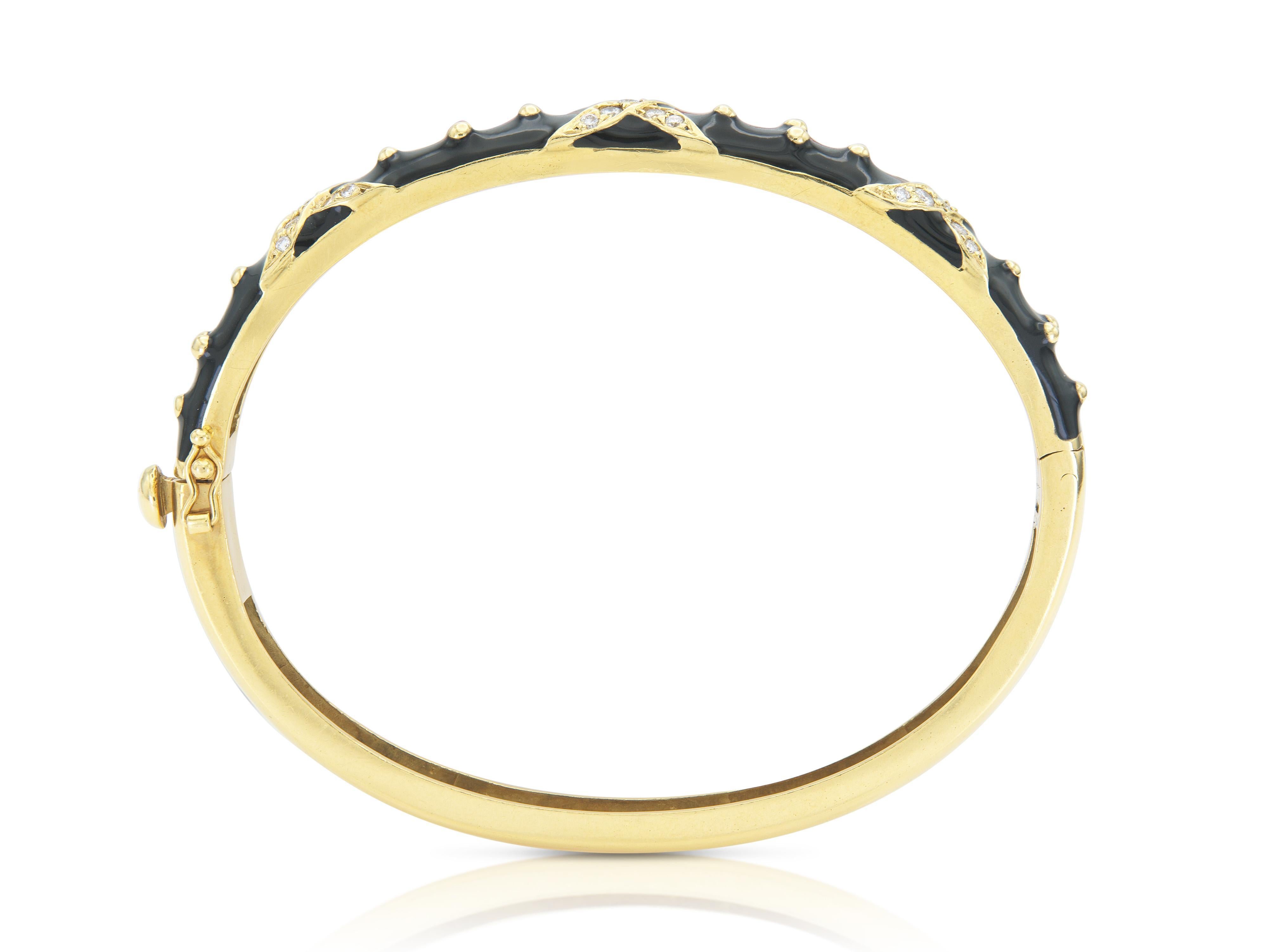 Taille ronde Vintage 1990 Hidalgo Bracelet à charnière en émail noir avec diamants en vente