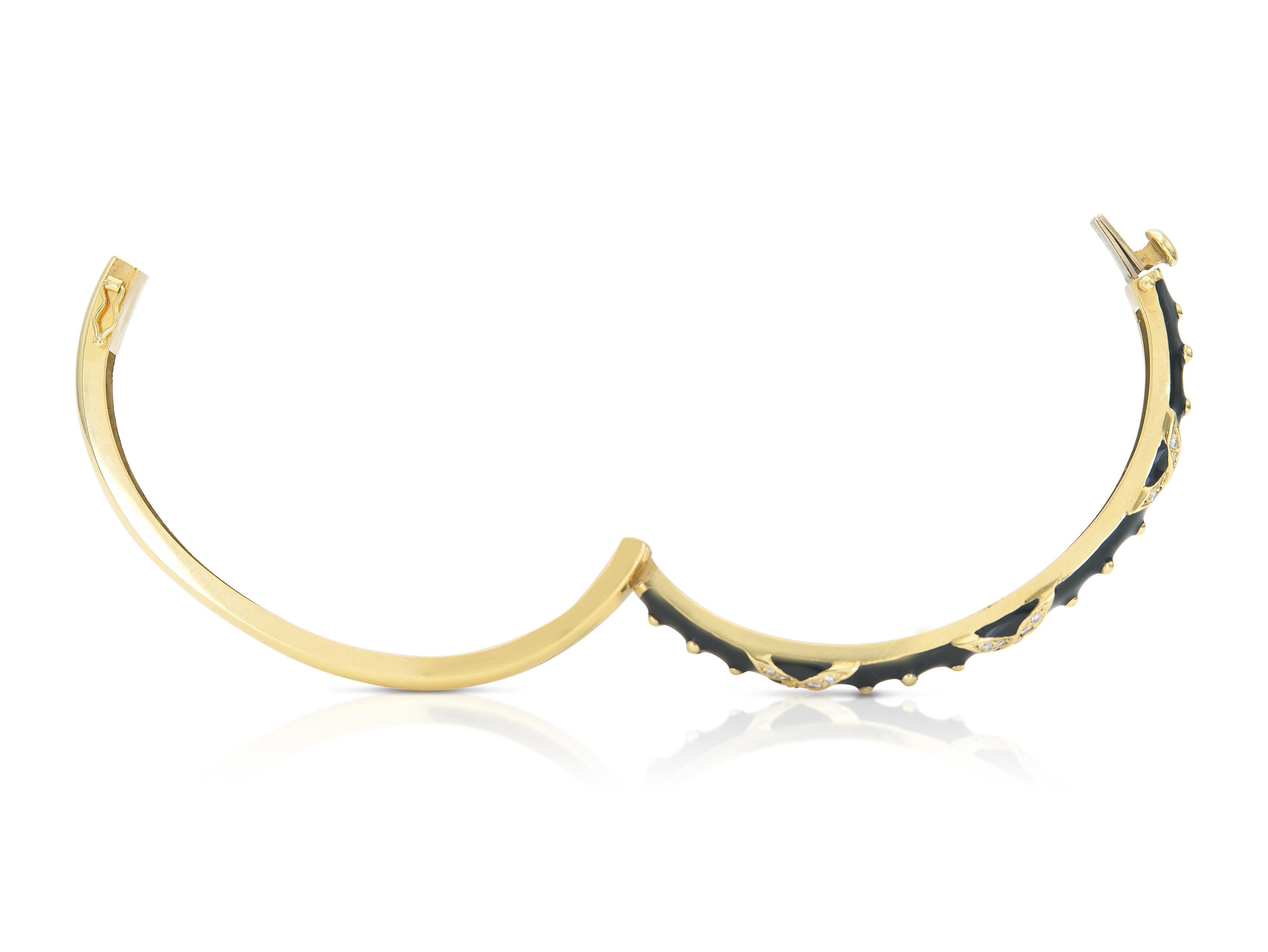 Vintage 1990 Hidalgo Bracelet à charnière en émail noir avec diamants Bon état - En vente à New York, NY