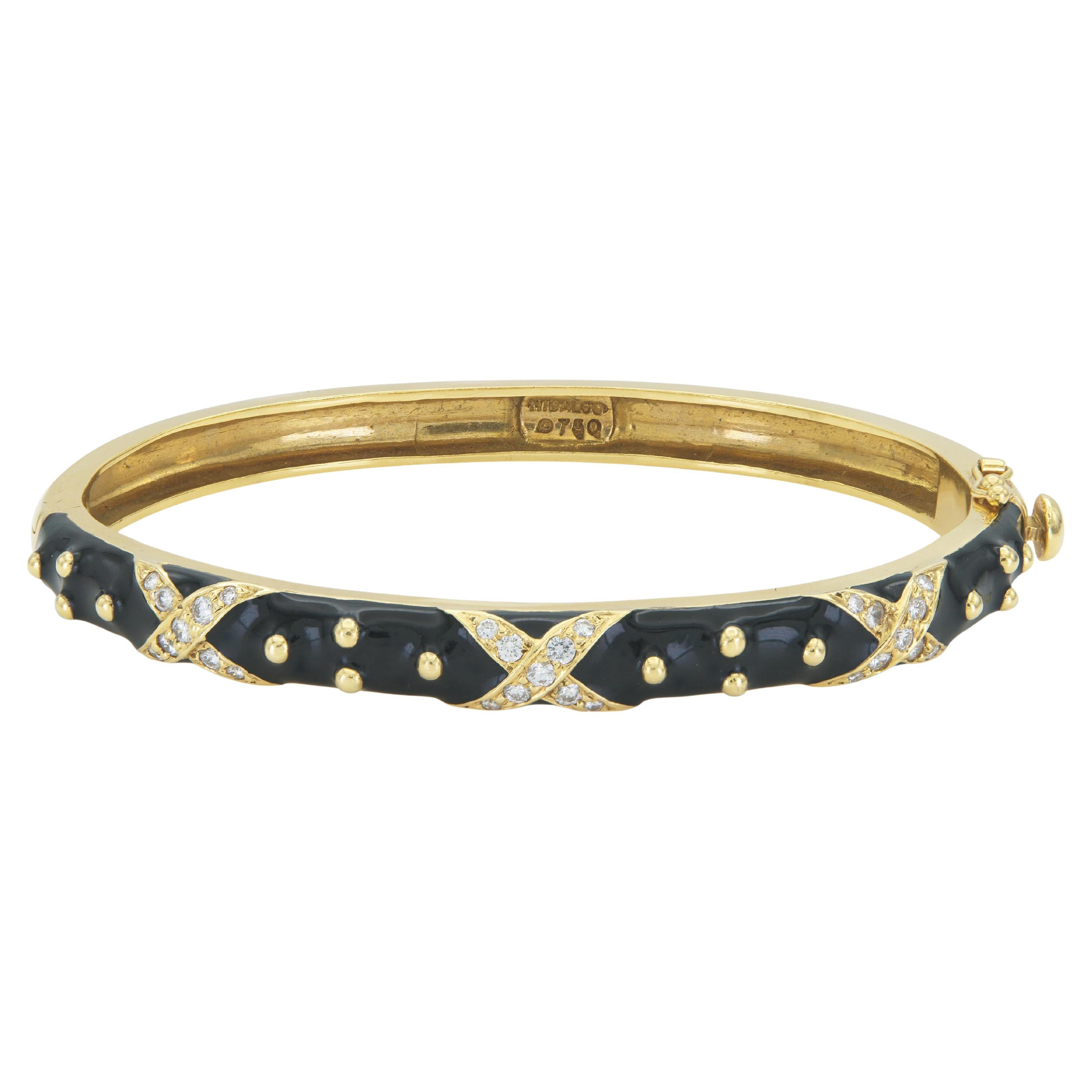 Vintage 1990s Hidalgo Black Enamel Hinged Bangle Bracelet with Diamonds