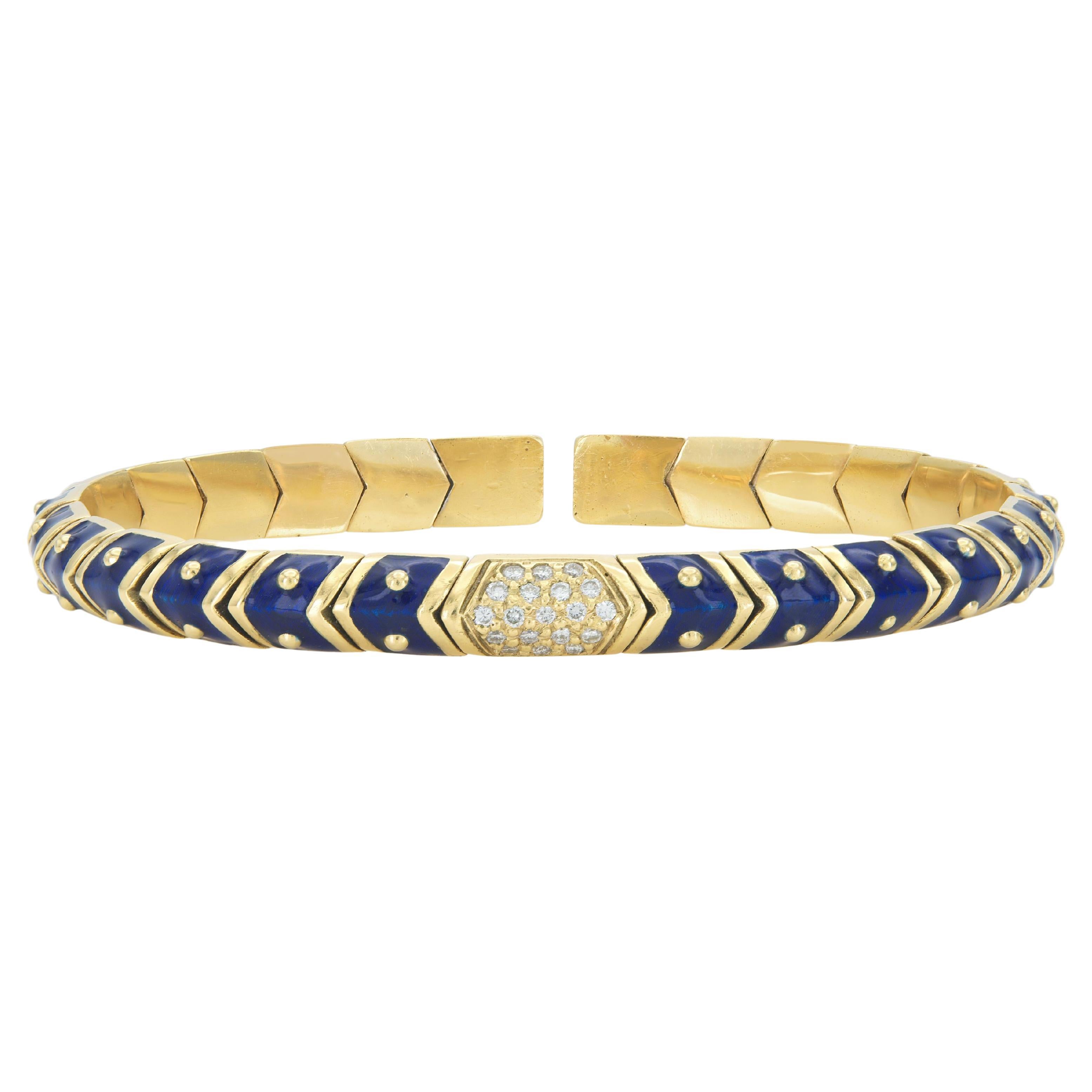 Vintage 1990s Hidalgo Blue Enamel Flexible Cuff Bracelet with Diamonds