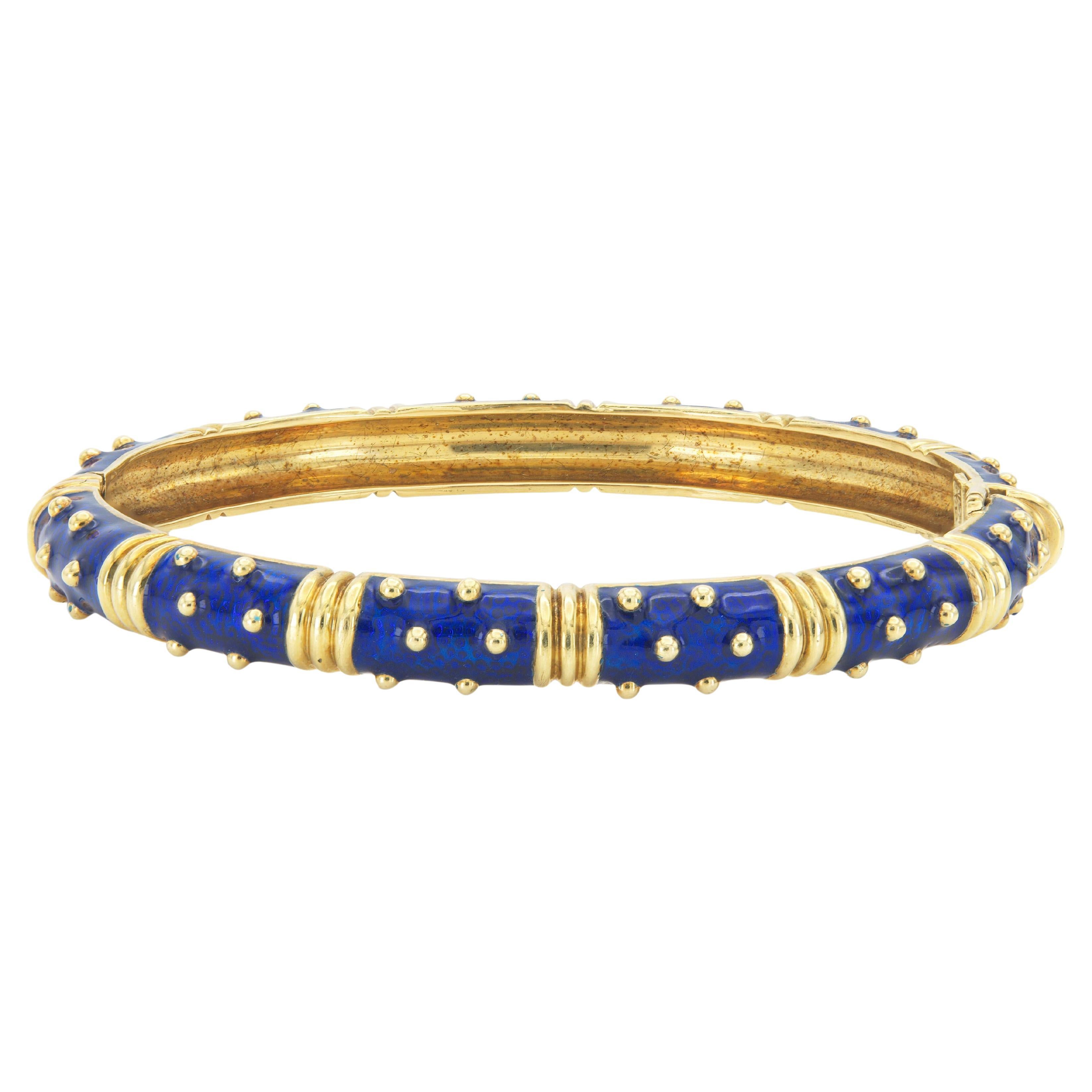 Vintage 1990s Hidalgo Blue Enamel Hinged Bangle Bracelet