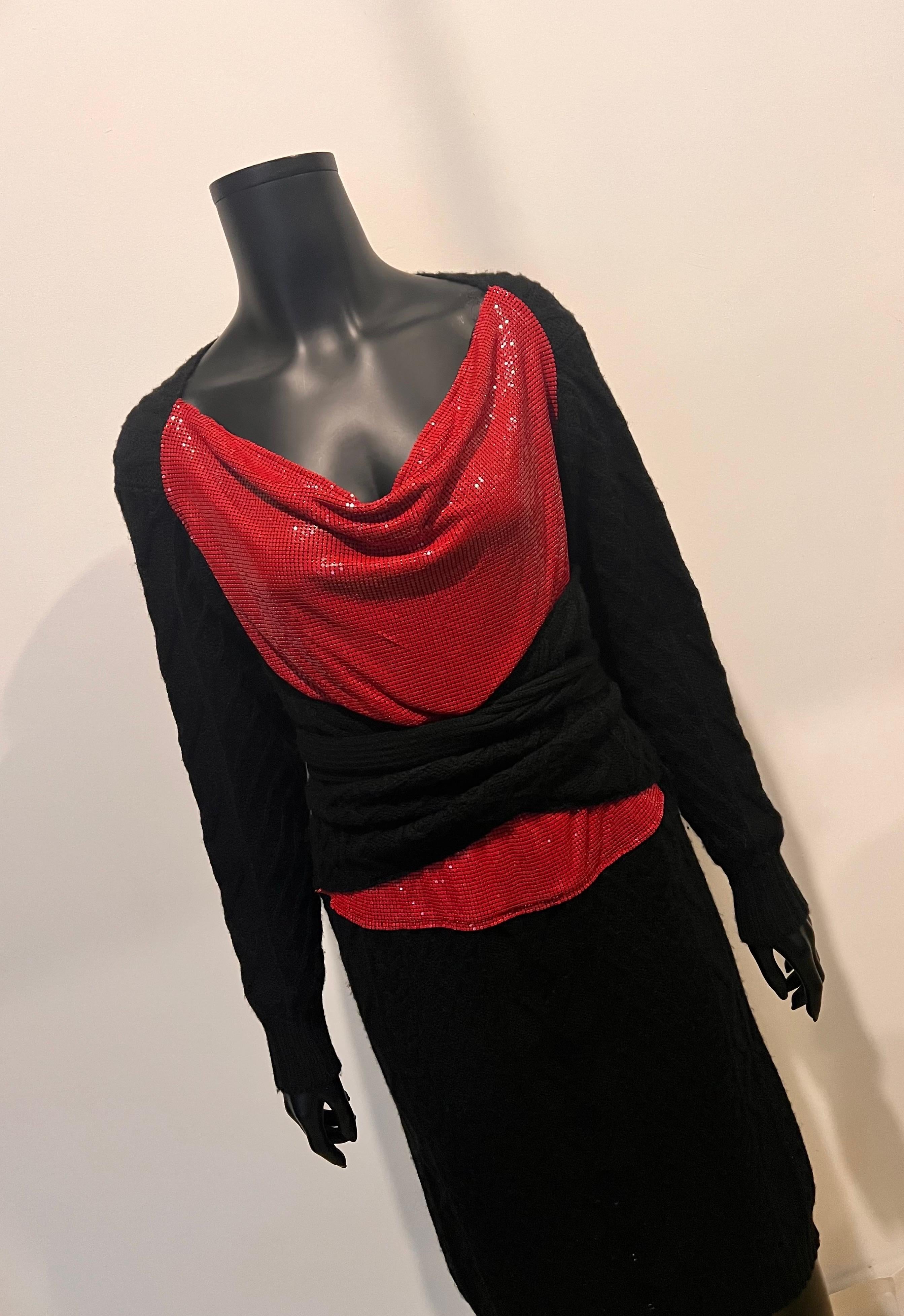Black Vintage 1990’s Jean Paul Gaultier cable knit dress with glomesh cowl front  For Sale