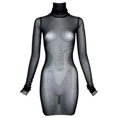 Vintage 1990's Jean Paul Gaultier Sheer Black Mesh High Neck L/S Mini Dress