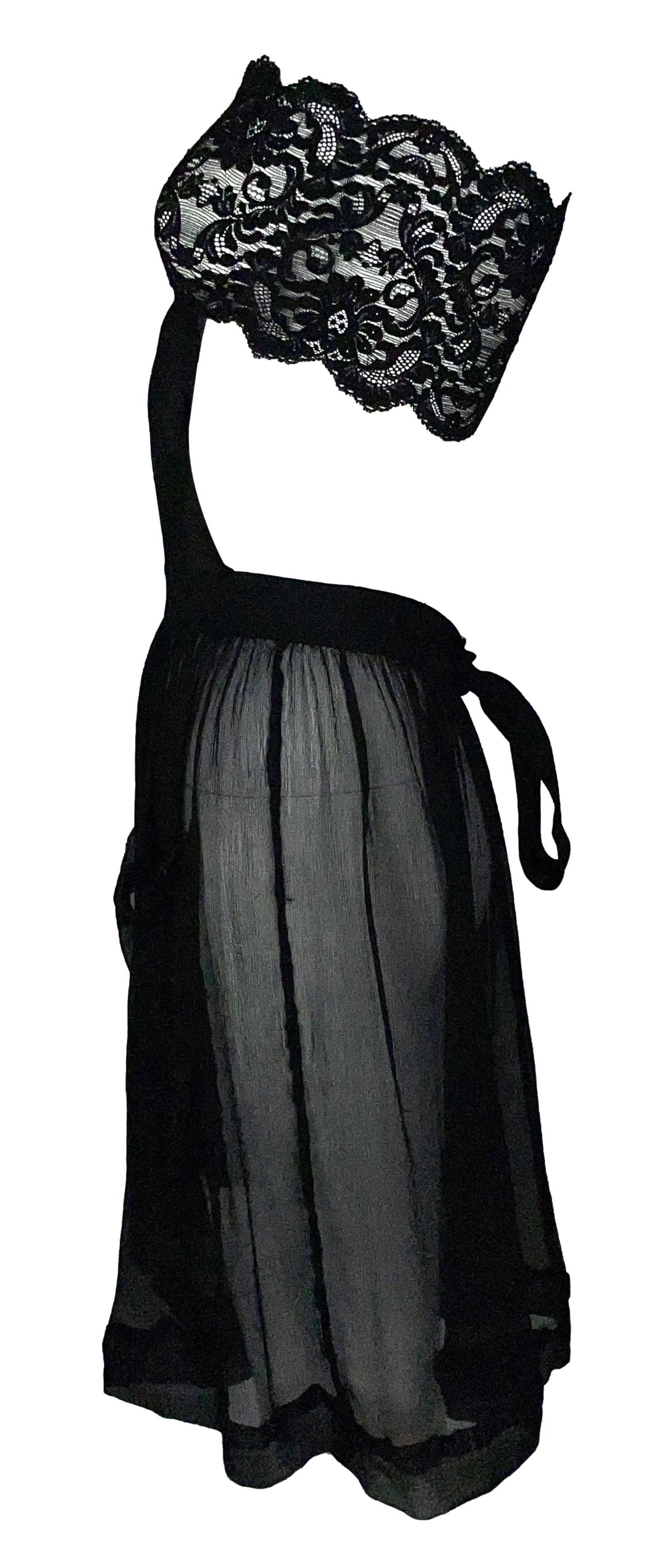 Vintage 1990's Jean Paul Sheer Black Lace Strapless Silk Apron Mini Dress M/L In Good Condition In Yukon, OK