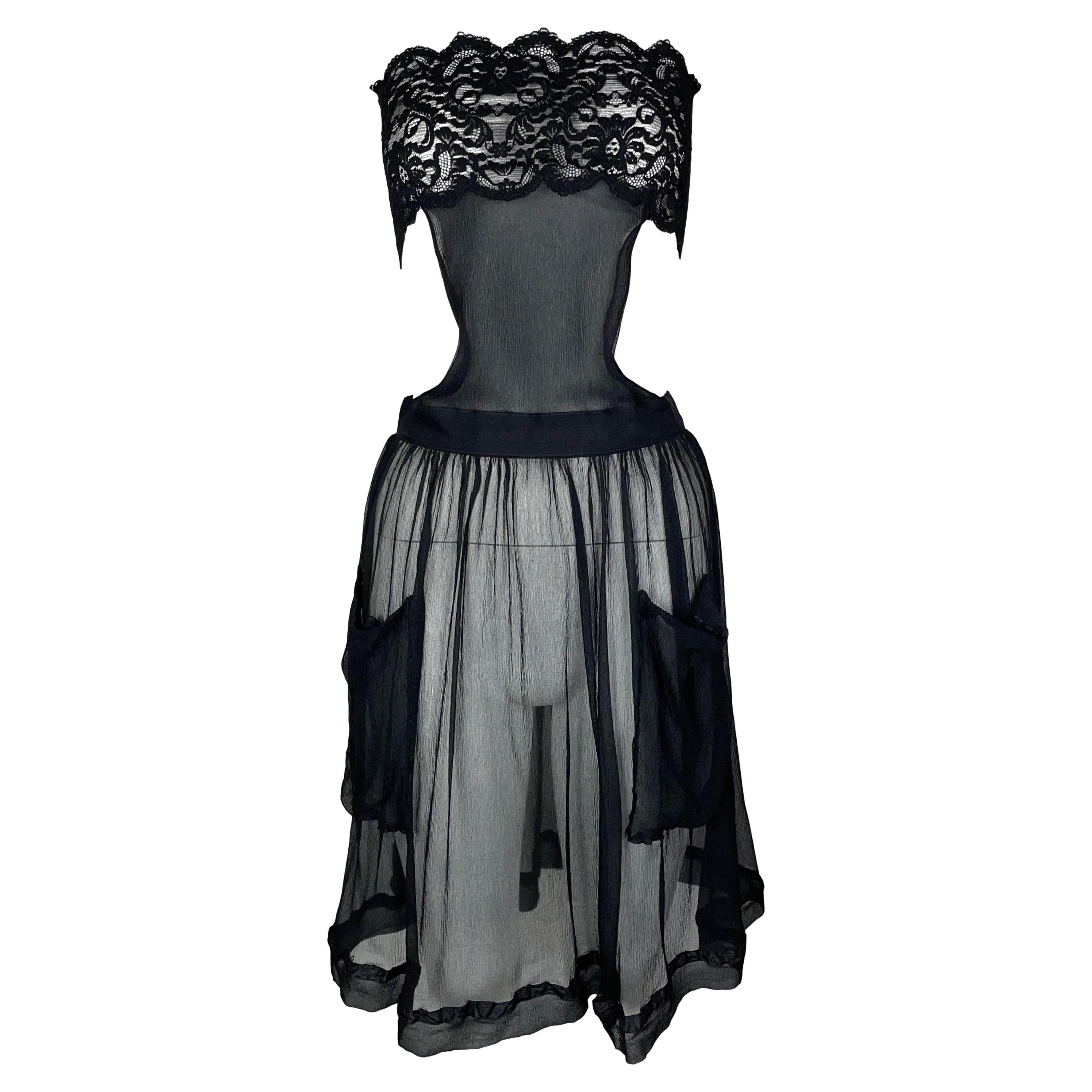 Vintage 1990's Jean Paul Sheer Black Lace Strapless Silk Apron Mini Dress M/L For Sale