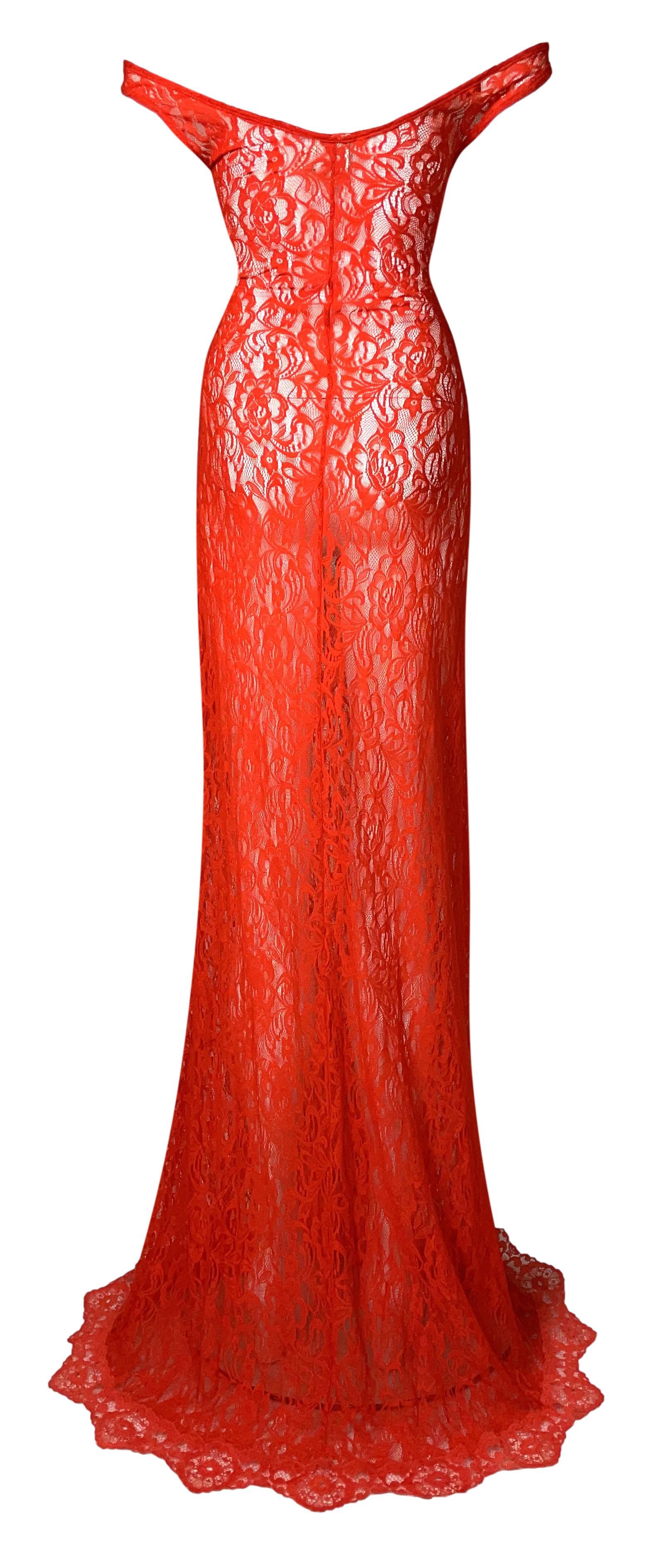 Vintage 1990's JPG by Jean Paul Gaultier Sheer Red Stretch Lace Maxi Dress In Good Condition In Yukon, OK