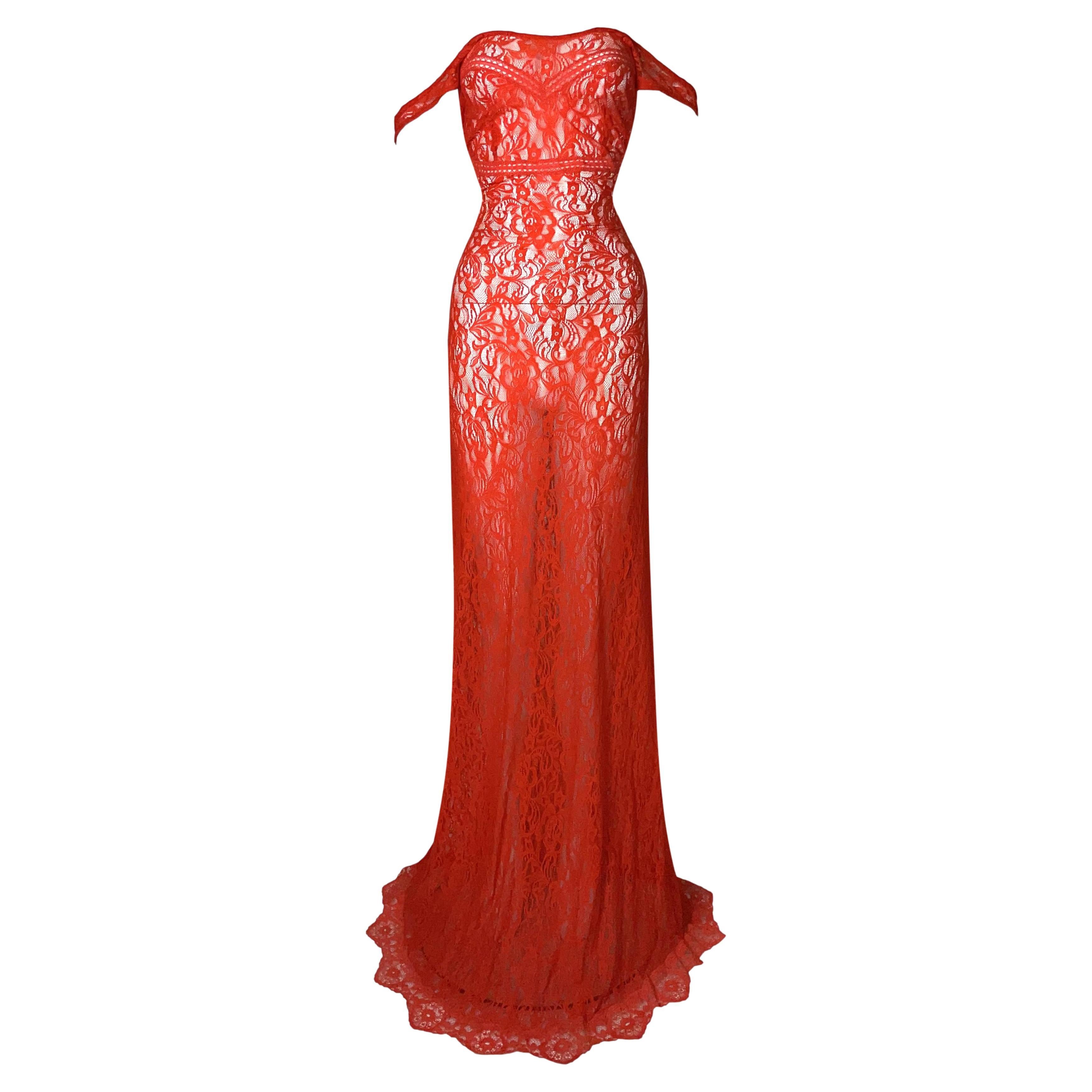 Vintage 1990's JPG by Jean Paul Gaultier Sheer Red Stretch Lace Maxi Dress