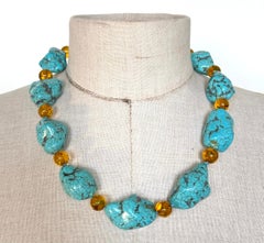 Vintage 1990s Large Turquoise Stones and Amber Beads Necklace