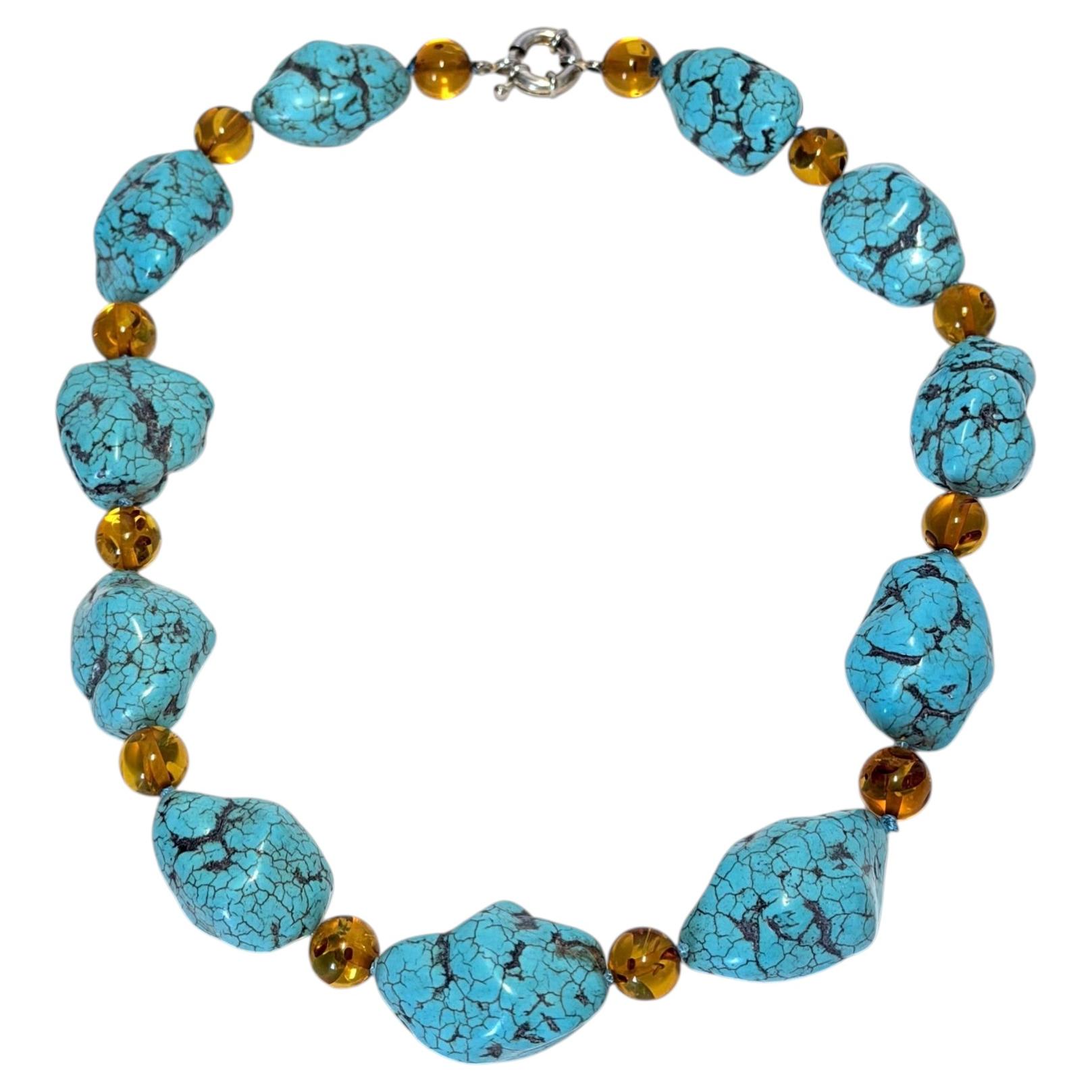 Collana vintage anni '90 con grandi pietre turchesi e perline d'ambra