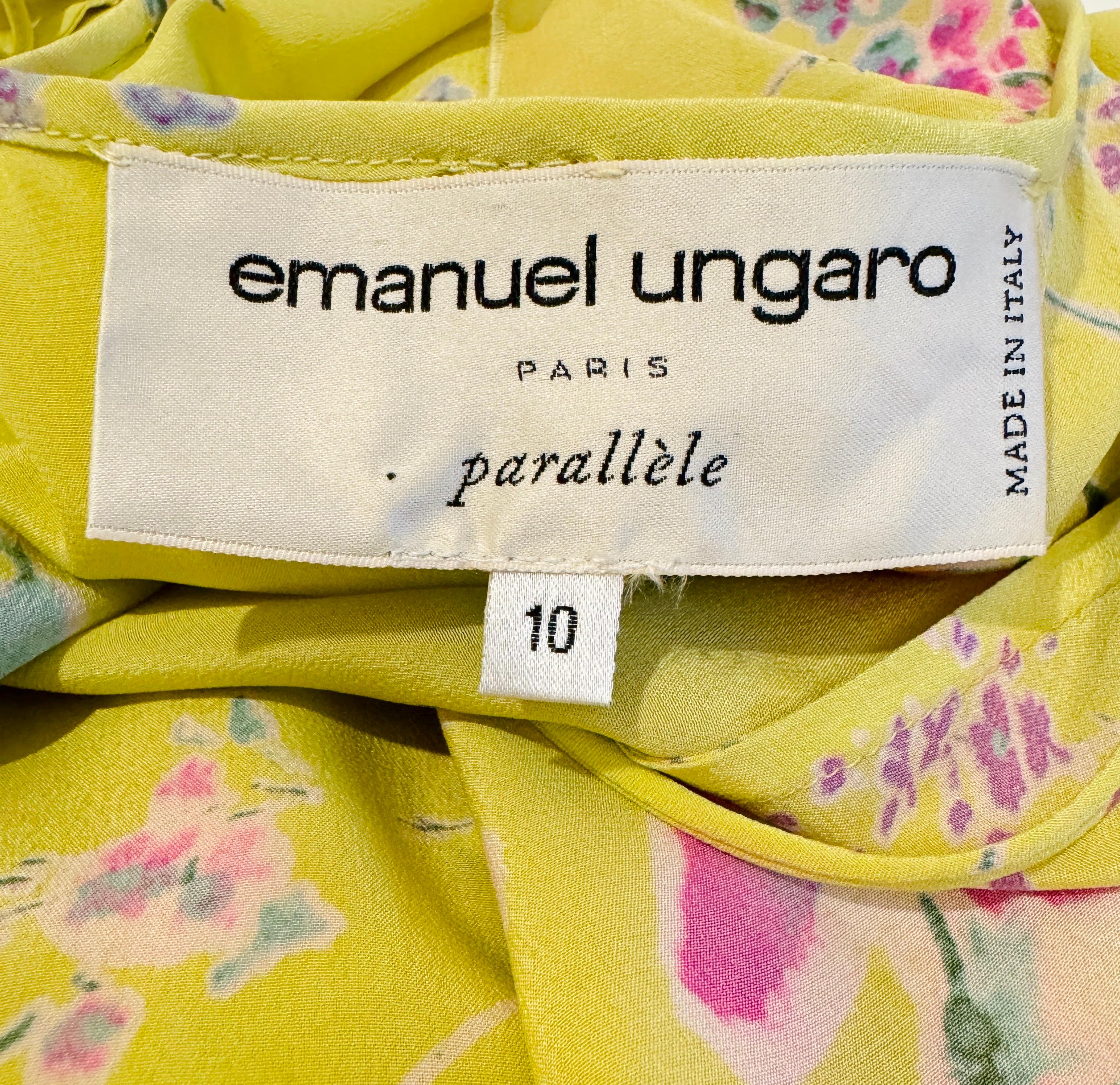 Vintage 1990s Lemon Yellow Pink Roses Floral Emanuel Ungaro Ruffle Maxi Dress For Sale 5