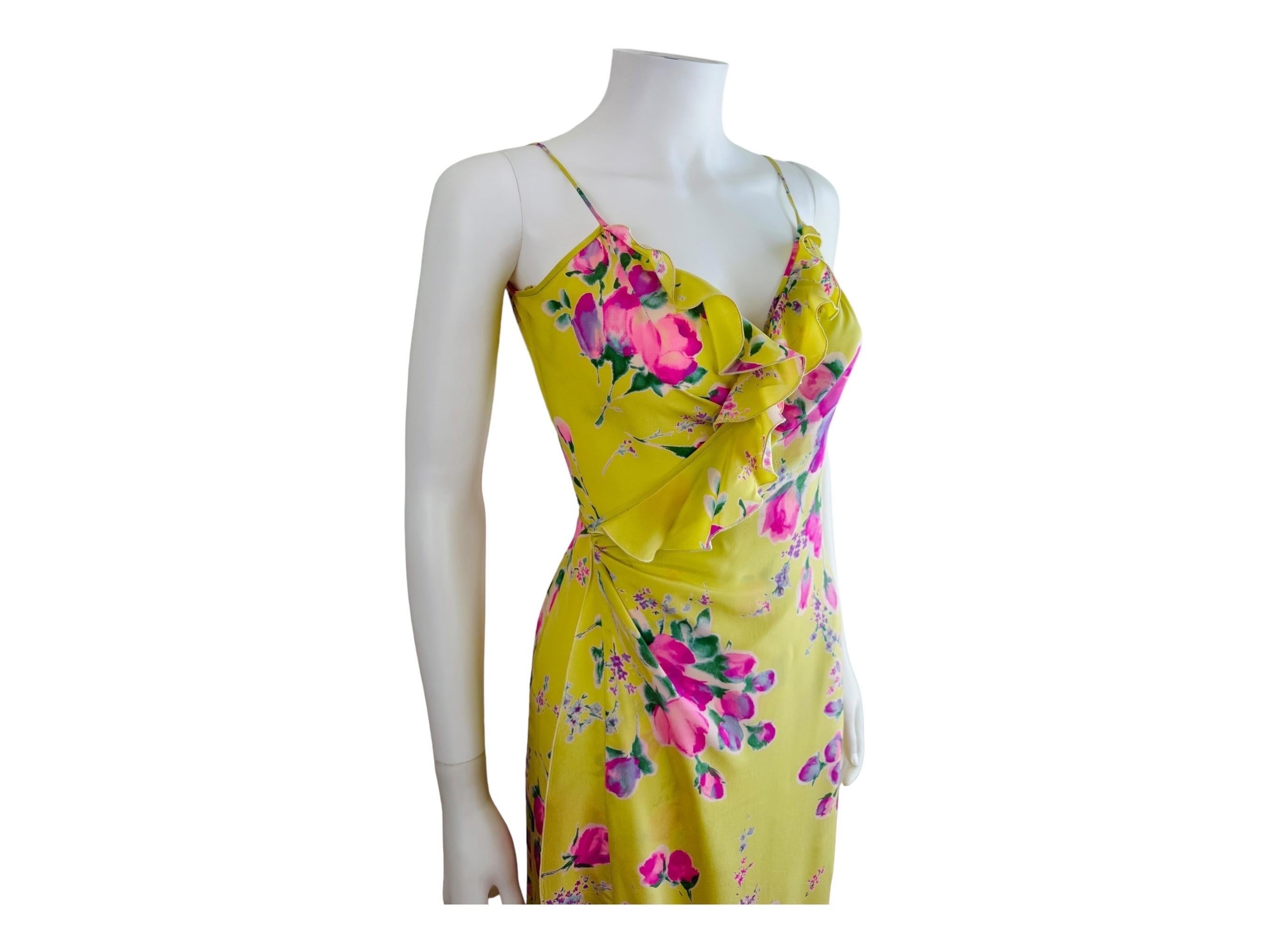 Beige Vintage 1990s Lemon Yellow Pink Roses Floral Emanuel Ungaro Ruffle Maxi Dress For Sale
