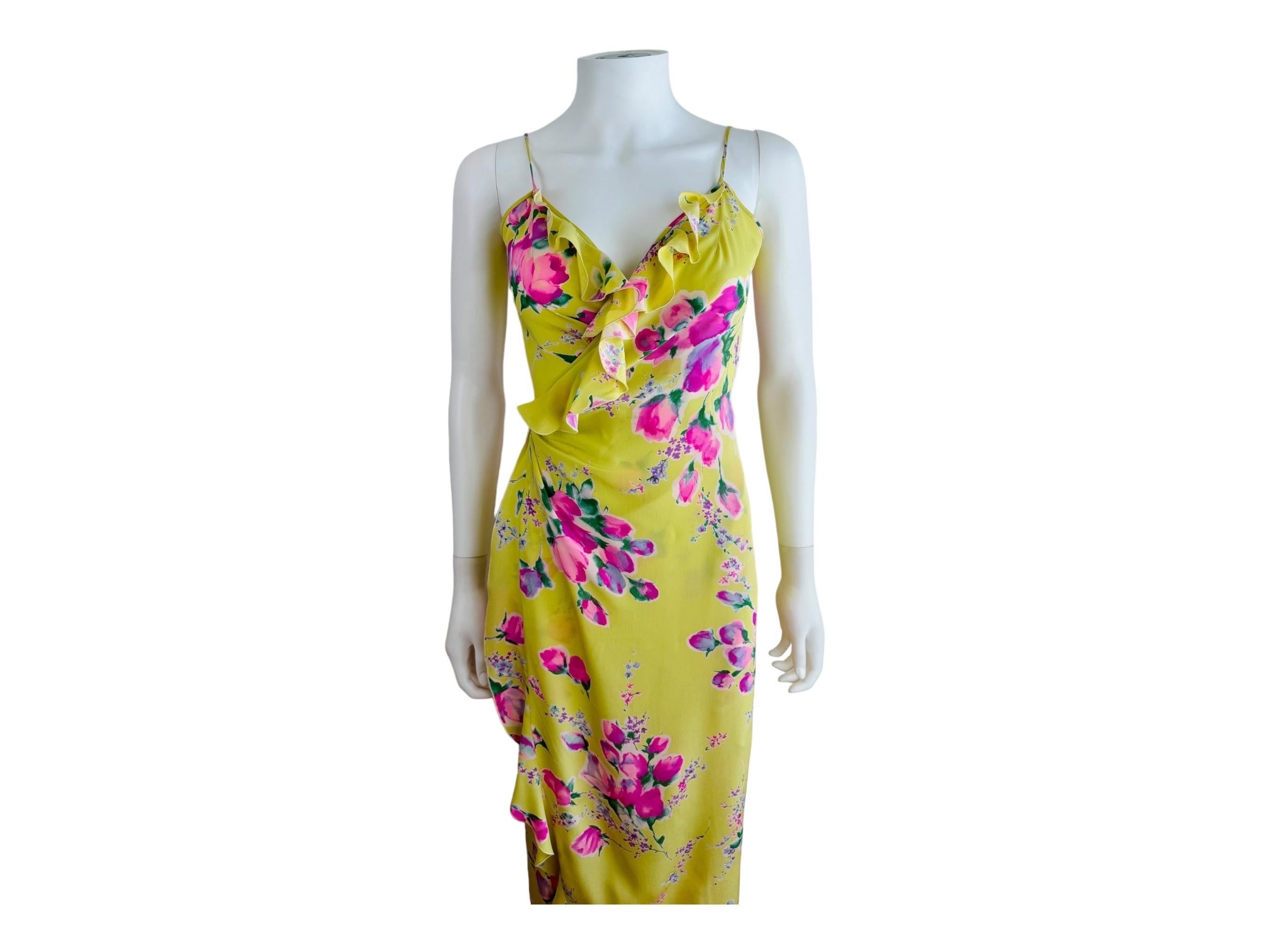 Vintage 1990s Lemon Yellow Pink Roses Floral Emanuel Ungaro Ruffle Maxi Dress In Excellent Condition For Sale In Denver, CO