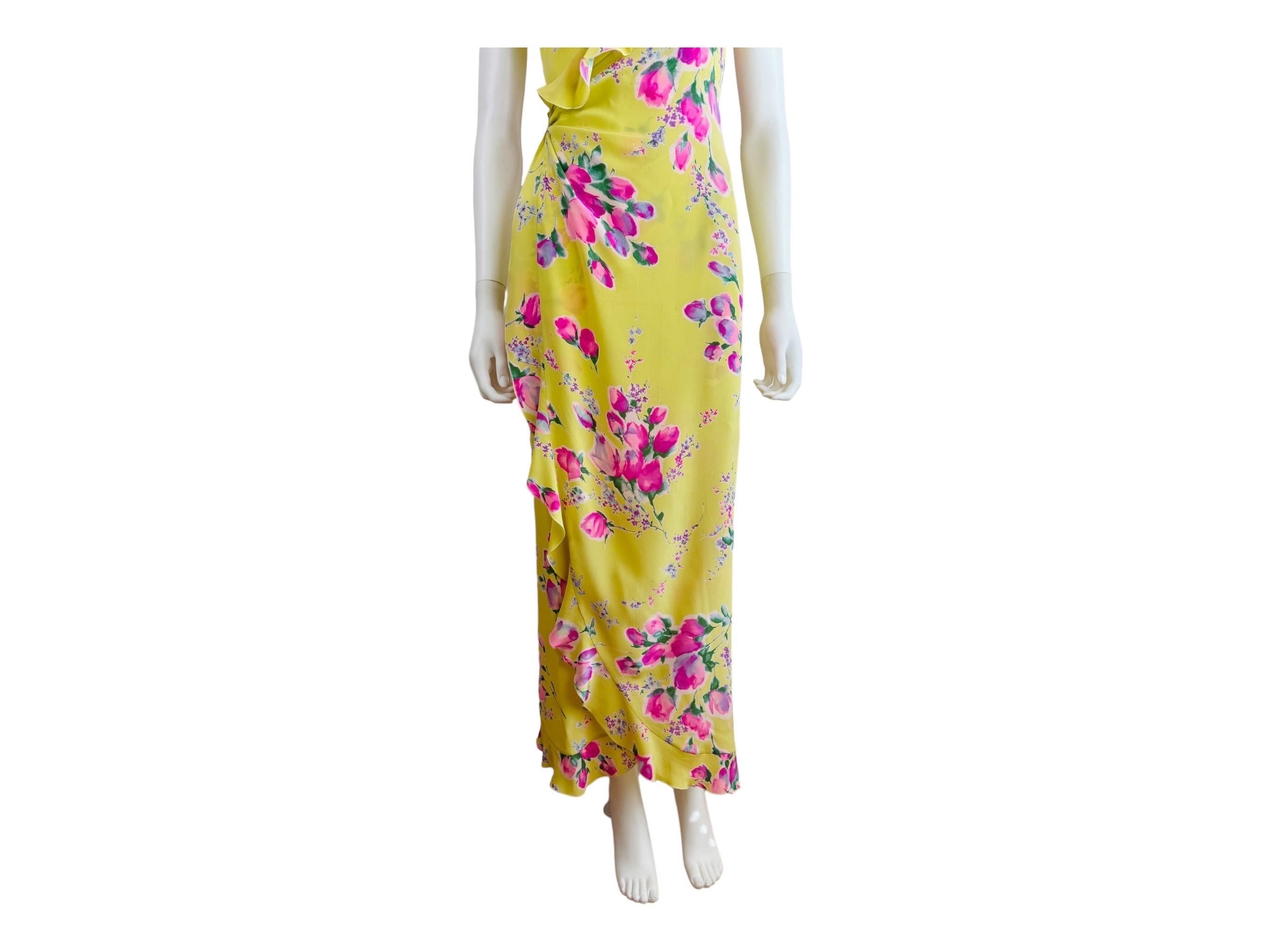 Women's Vintage 1990s Lemon Yellow Pink Roses Floral Emanuel Ungaro Ruffle Maxi Dress For Sale