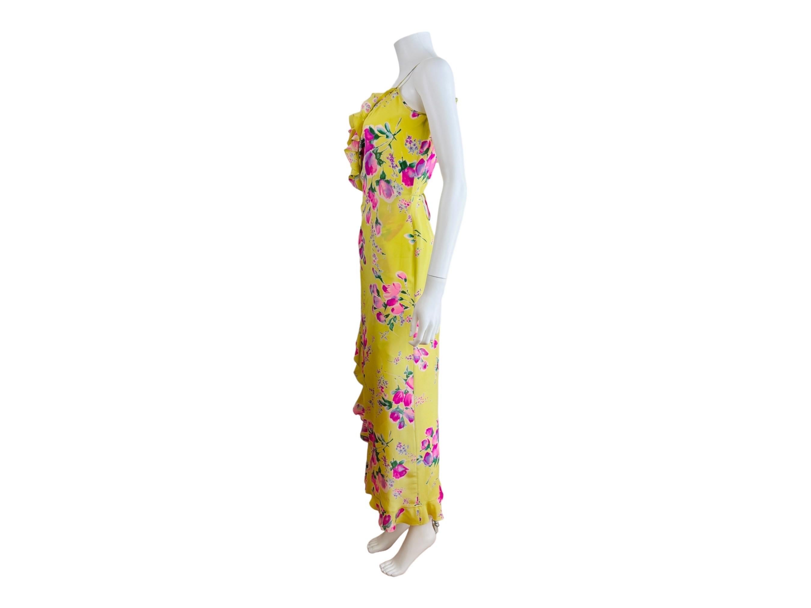 Vintage 1990s Lemon Yellow Pink Roses Floral Emanuel Ungaro Ruffle Maxi Dress For Sale 1