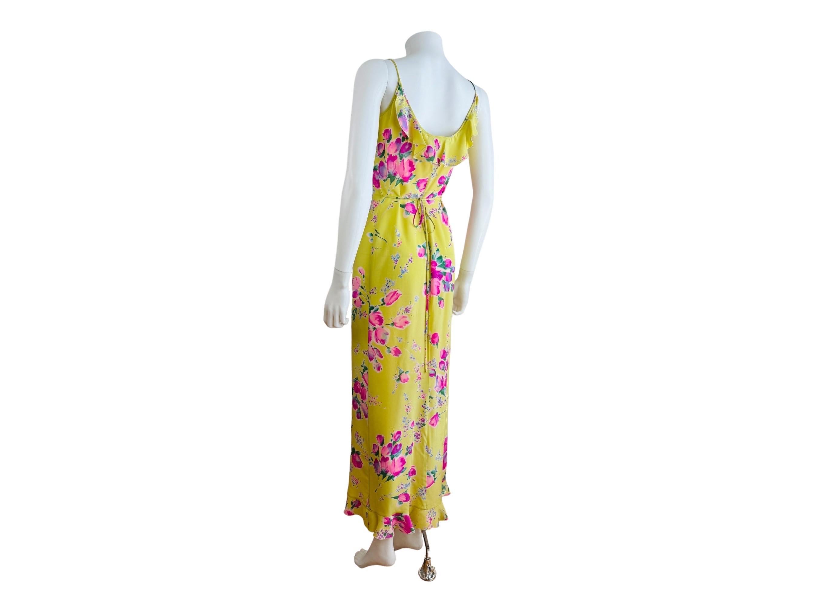 Vintage 1990s Lemon Yellow Pink Roses Floral Emanuel Ungaro Ruffle Maxi Dress For Sale 2