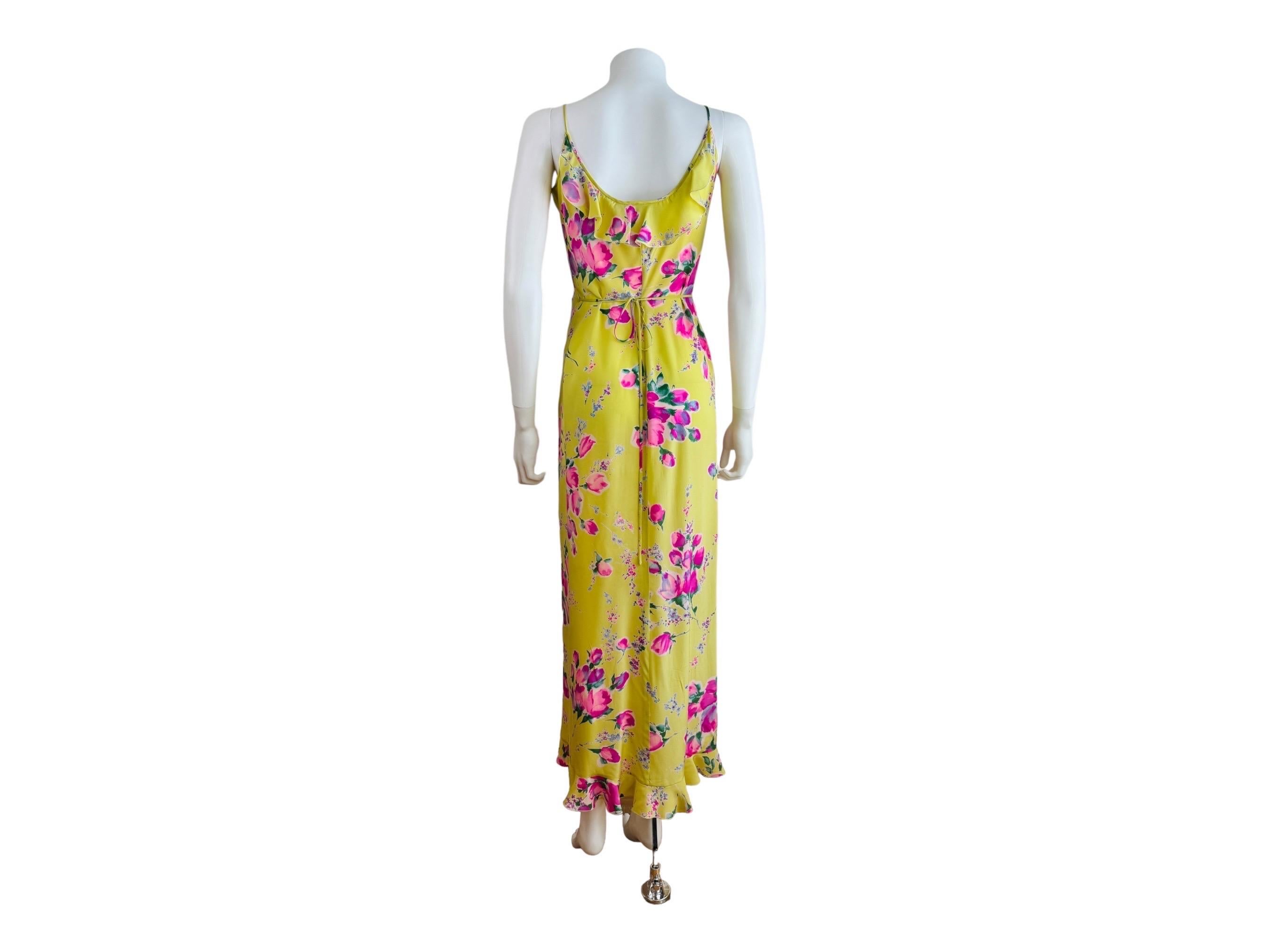 Vintage 1990s Lemon Yellow Pink Roses Floral Emanuel Ungaro Ruffle Maxi Dress For Sale 3