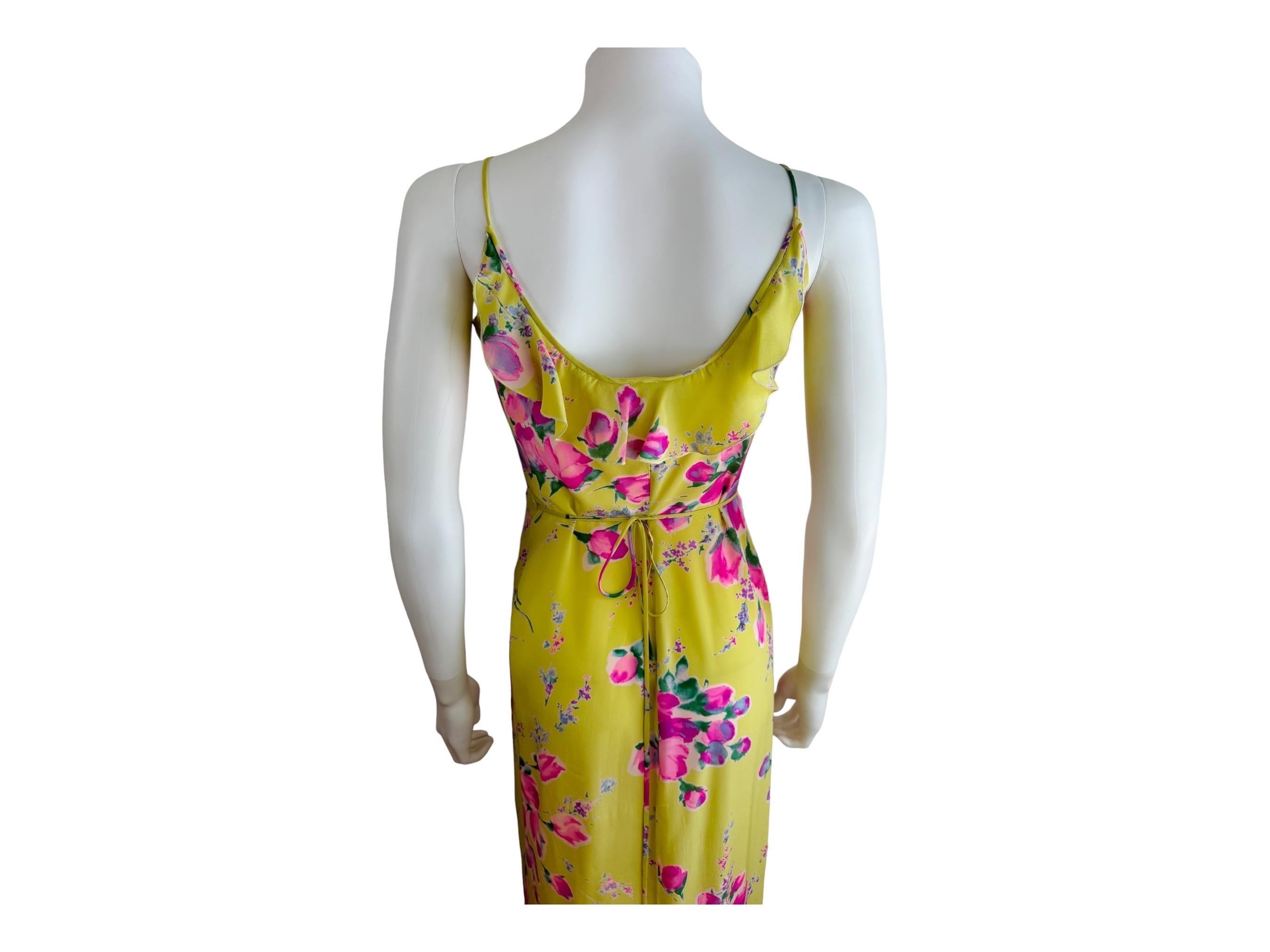 Vintage 1990s Lemon Yellow Pink Roses Floral Emanuel Ungaro Ruffle Maxi Dress For Sale 4