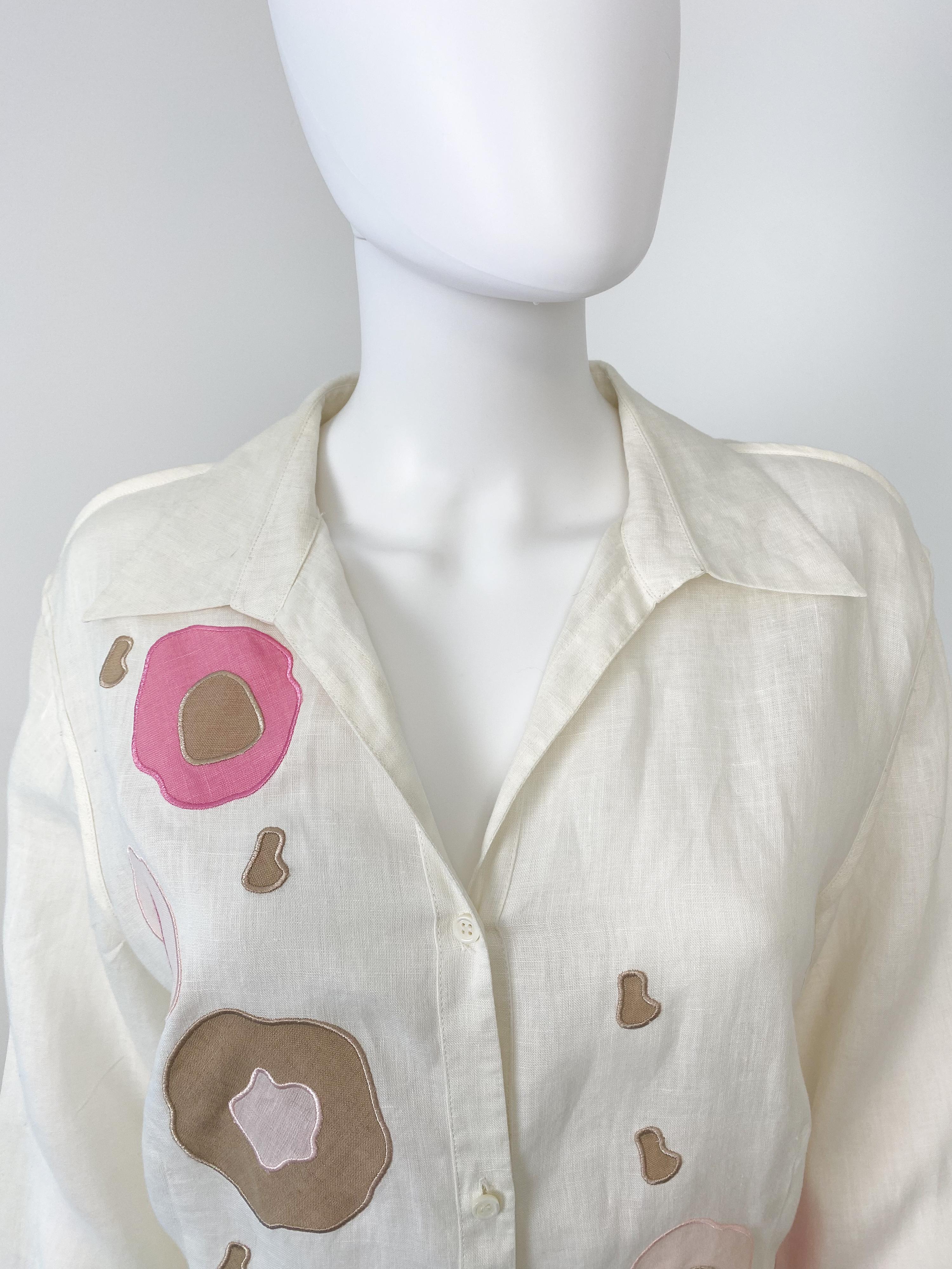 Vintage 1990s Louis Feraud Linen and Cotton Blouse Top with Embroidery Size L For Sale 2