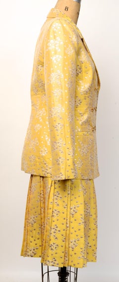 Vintage 1990s Mary McFadden Yellow Metallic Brocade Skirt Suit