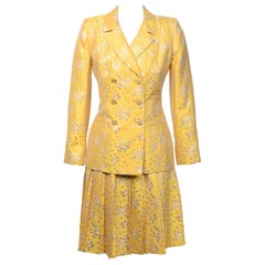 Vintage 1990s Mary McFadden Yellow Metallic Brocade Skirt Suit