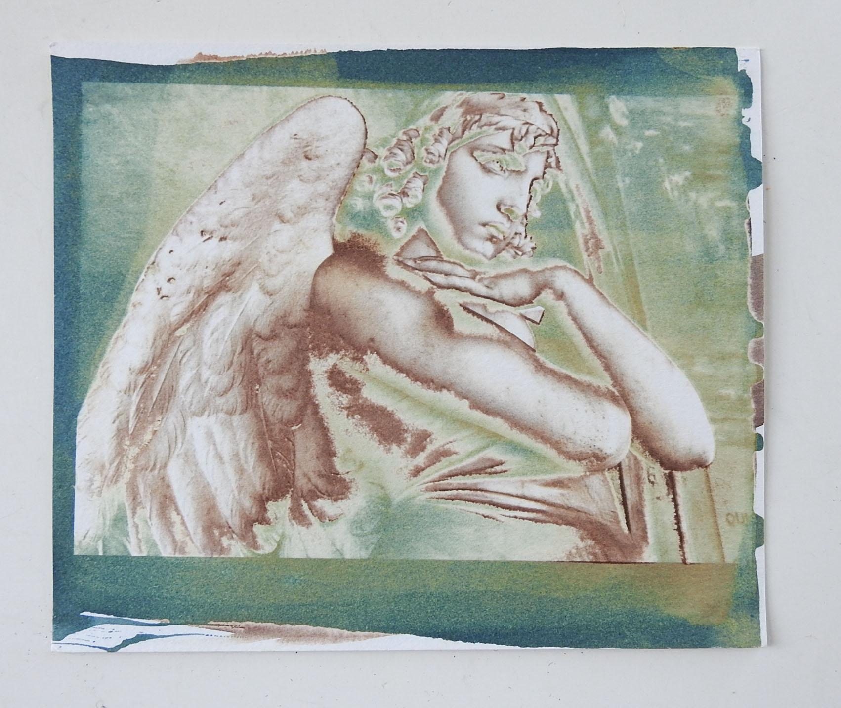 Vintage circa 1990's photograph on heavy paper by Eric C. Weller (20th century) Texas. Monteverde angel sculpture in pale green and sepia tones. Unsigned, Eric Weller was a professor of photography at Texas State University, from the artists estate.