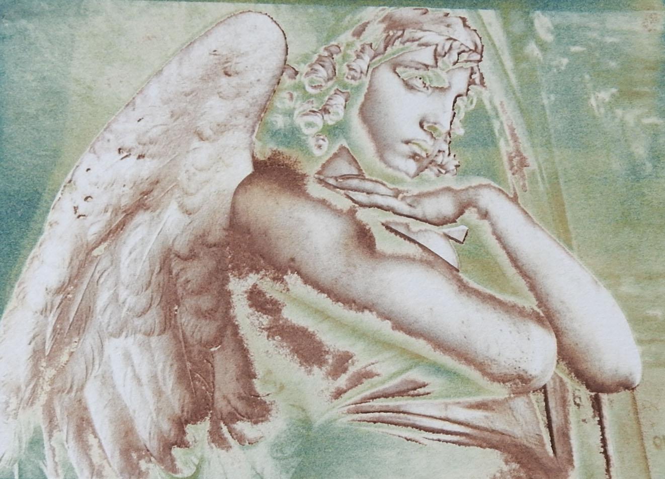 Sculpture d'ange céladon et photographie sépia de Monteverde, années 1990 en vente