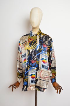 Vintage 1990's Moschino 'Apple Mac' Print Black Colourful Pattern Satin Shirt