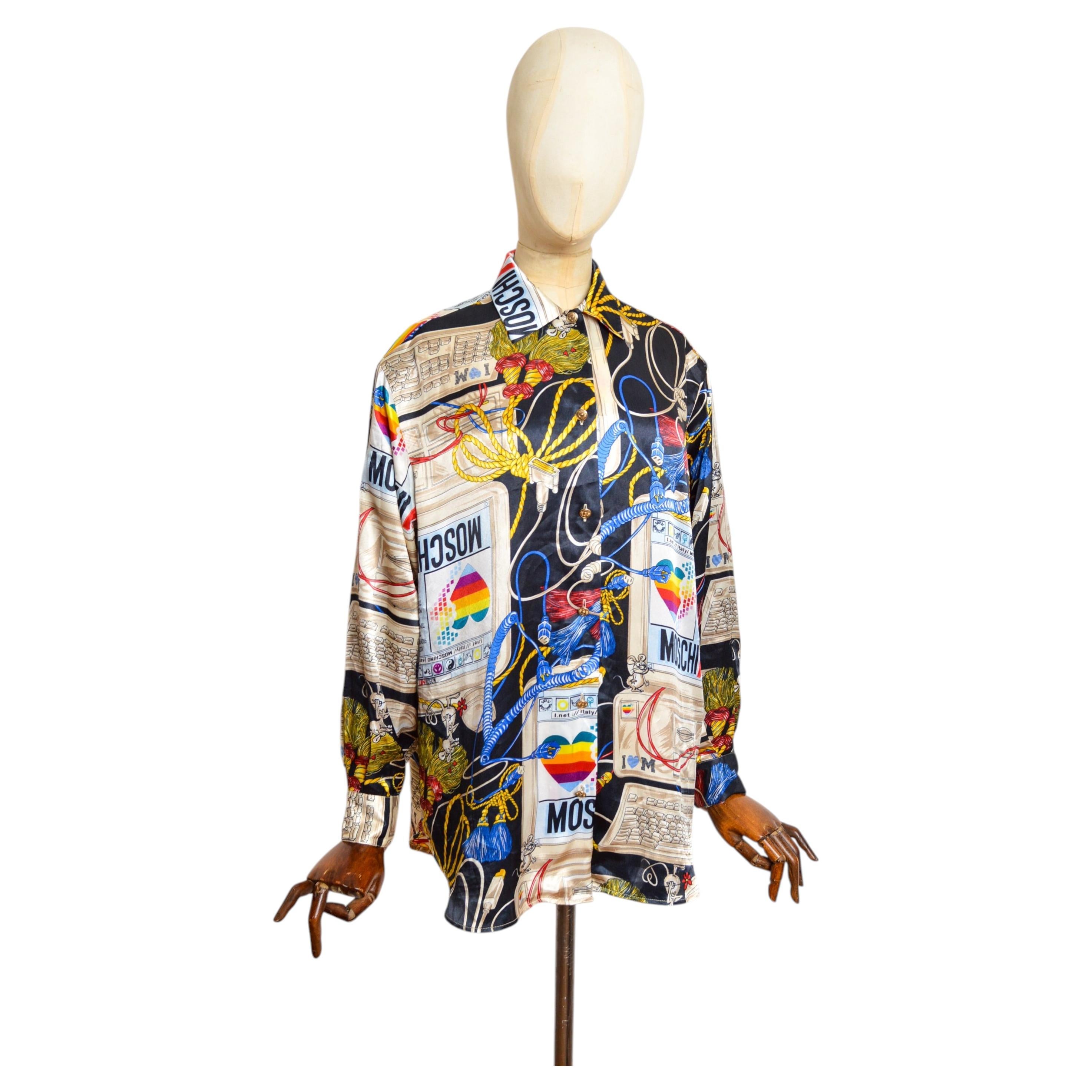 Vintage By 1990 Moschino 'Apple Mac' Print Black Colourful Pattern Satin Shirt