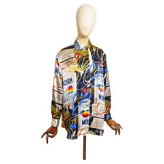 Vintage 1990's Moschino 'Apple Mac' Print Black Colourful Pattern Satin Shirt