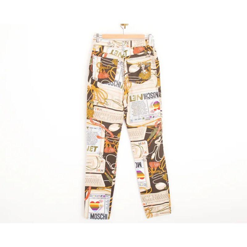 Vintage 1990's Moschino 'Apple Mac' Print High Waisted Pattern Jeans Trousers In Good Condition For Sale In Sheffield, GB