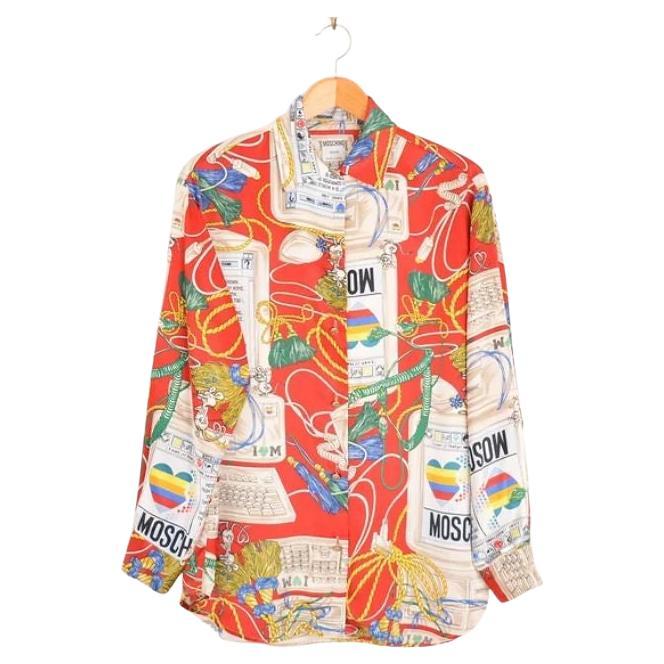 Vintage 1990's Moschino 'Apple Mac' Print Red Parody Colourful Satin Shirt For Sale