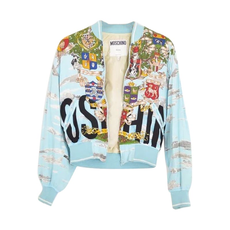 Vintage 1990's Moschino Cloud Print Cropped Spell out Pattern Bomber Jacket For Sale