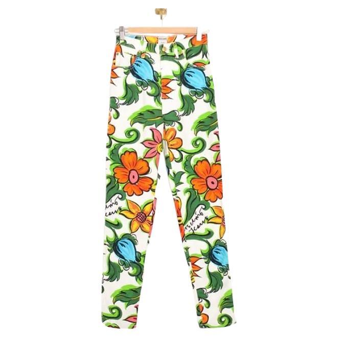 Vintage 1990's Moschino Colourful Abstract Flower Pattern High Waisted Mom Jeans For Sale