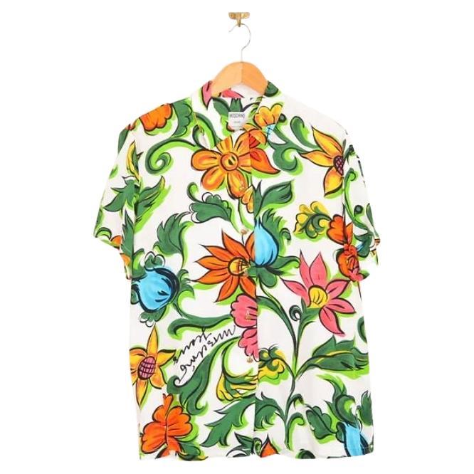 Vintage 1990's Moschino Colourful Abstract Flower Pattern Short Sleeve Shirt For Sale