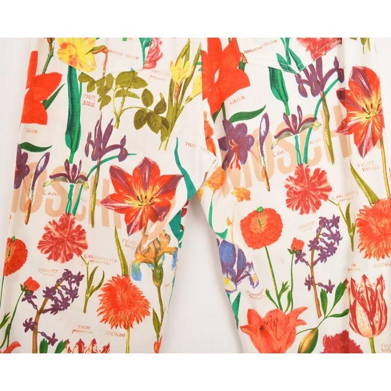 White Vintage 1990's Moschino Colourful Botanical floral Pattern Denim Trousers For Sale