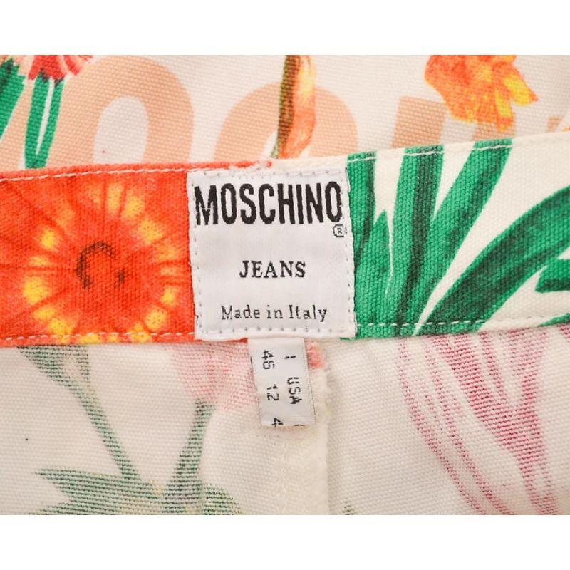 Vintage 1990's Moschino Colourful Botanical floral Pattern Denim Trousers In Excellent Condition For Sale In Sheffield, GB