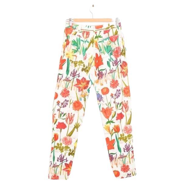 Vintage 1990's Moschino Colourful Botanical floral Pattern Denim Trousers For Sale