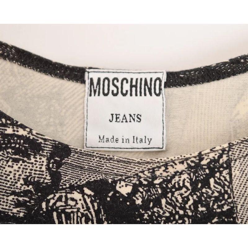 Vintage 1990s Moschino body-con T-shirt, made from stretchy cotton material, depicting an incredible pattern of Antique female figure etchings from around the world. 

The T-shirt has a great scoop neck design that can also be styled off one, or