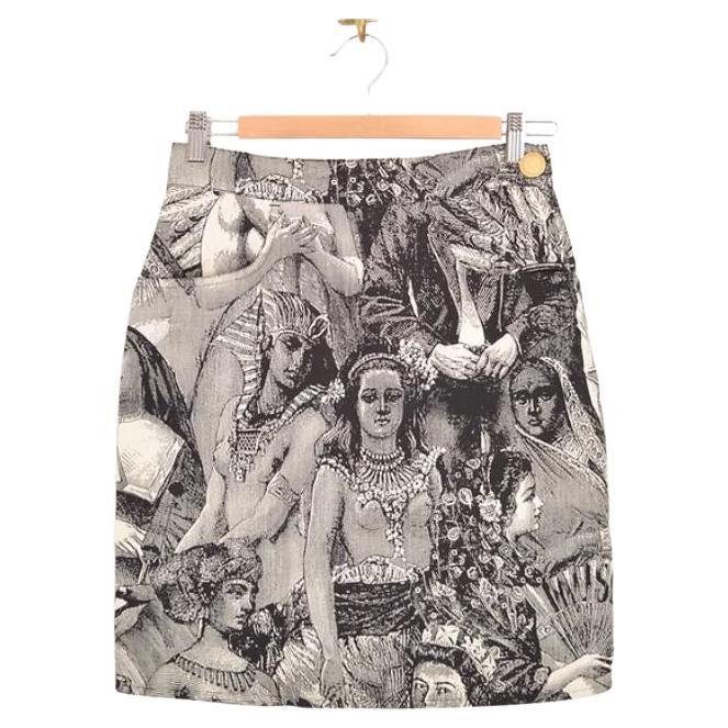 Vintage 1990's Moschino Female Etching Antique Painting High waisted Mini Skirt For Sale