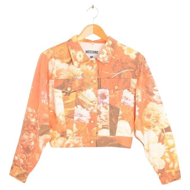 Vintage 1990's Moschino 'Floral Peony' flower pattern Peach Denim Jacket For Sale