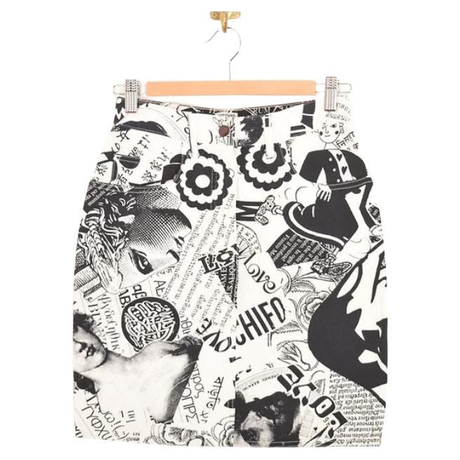 Vintage 1990's Moschino Monochrome Art Gallery Print High Waisted Cotton Skirt For Sale