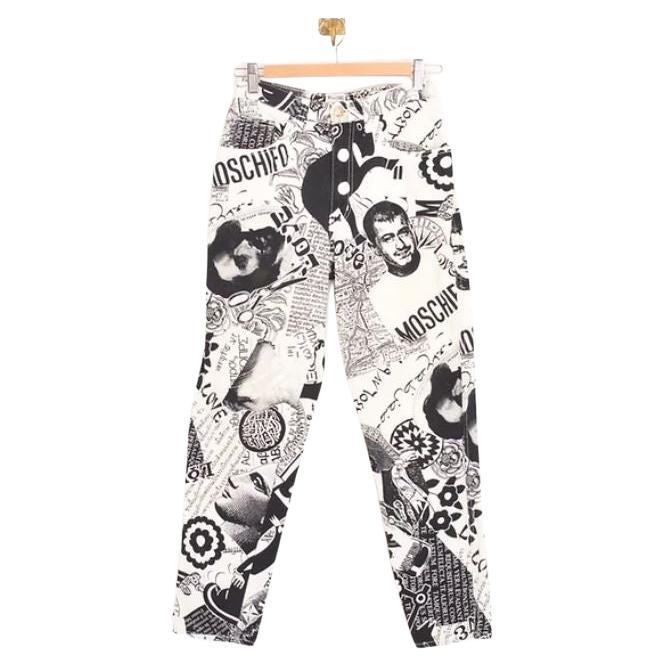 Vintage 1990's Moschino Monochrome Art Gallery Print Pattern Jeans Trousers For Sale