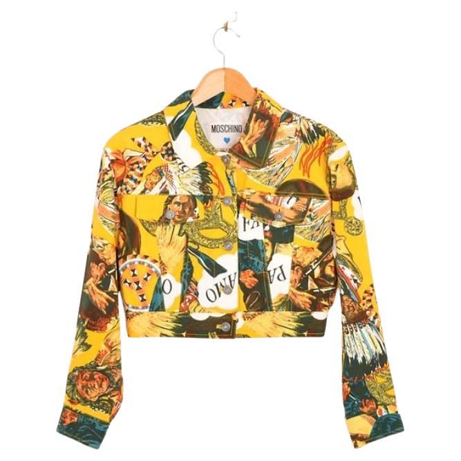 Vintage 1990's Moschino Native American Cropped Denim Jacket For Sale
