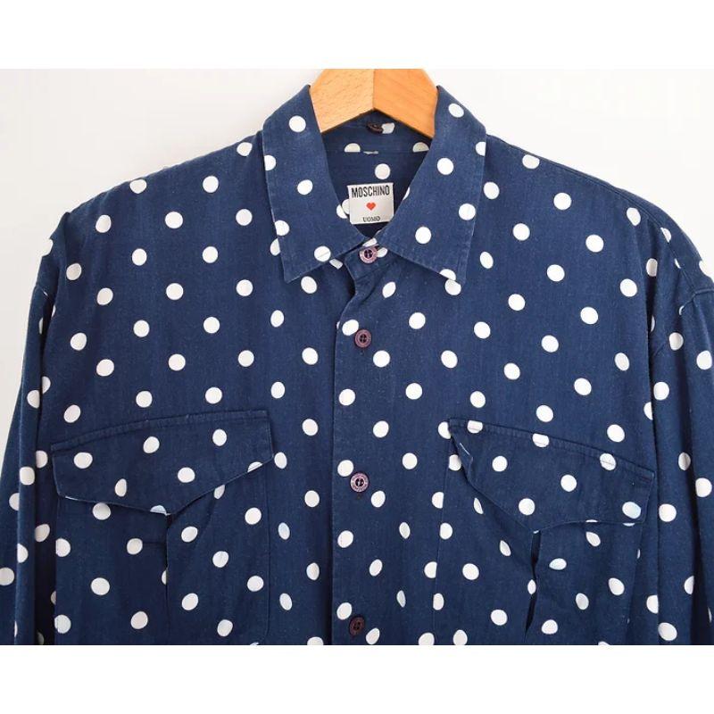 Original Vintage 1990's Moschino long sleeved, Polka Dot patterned shirt in Navy Blue with contrasting white.

We also have the trousers (please see final image) from this collection available to Purchase separately from our store, amongst many