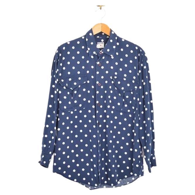 Vintage 1990's Moschino Polka Dot Pattern Long Sleeve Navy Blue & White Shirt For Sale