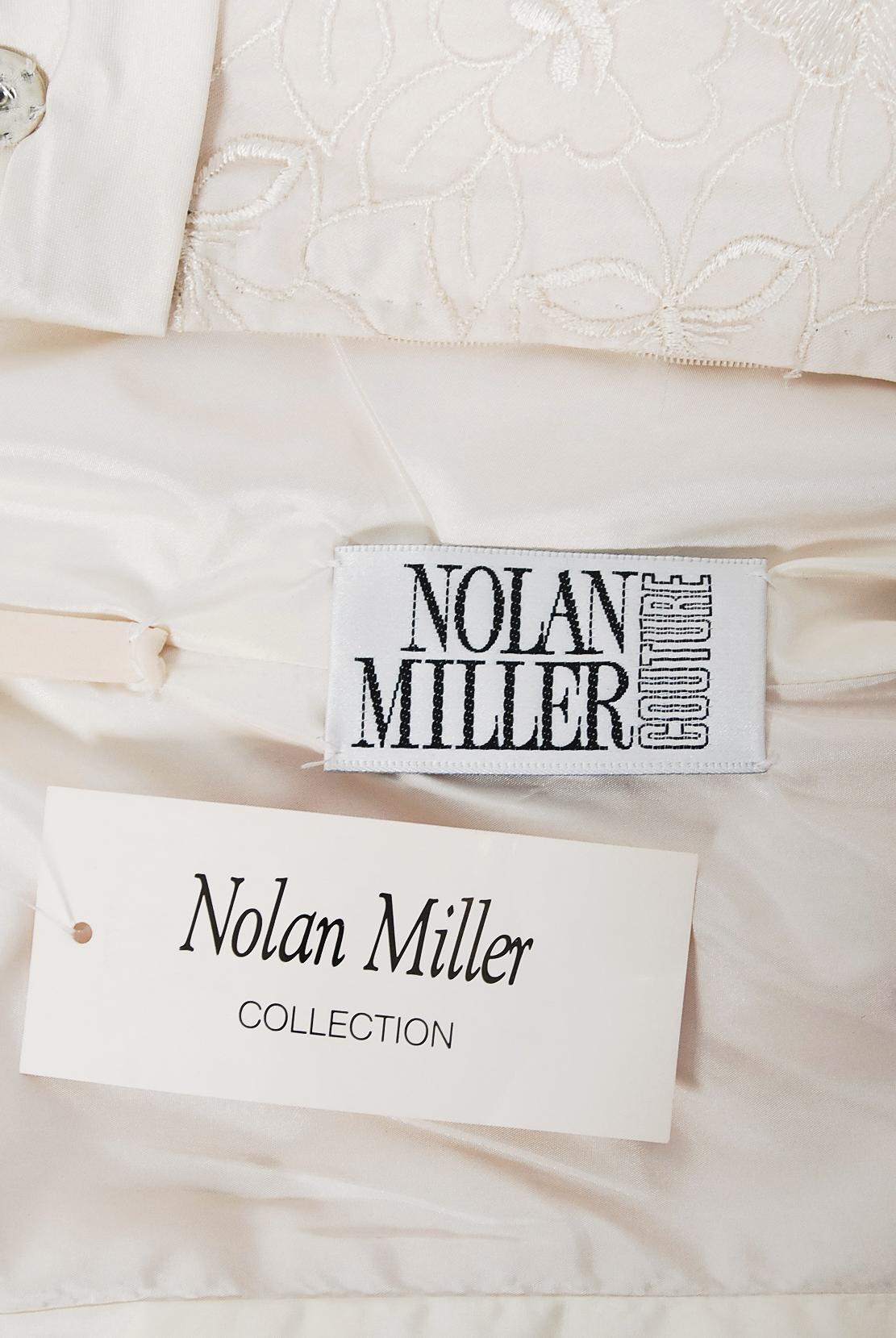 Vintage 1990er Nolan Miller Couture Elfenbeinfarbenes trägerloses Meerjungfrauenkleid aus bestickter Seide im Angebot 6